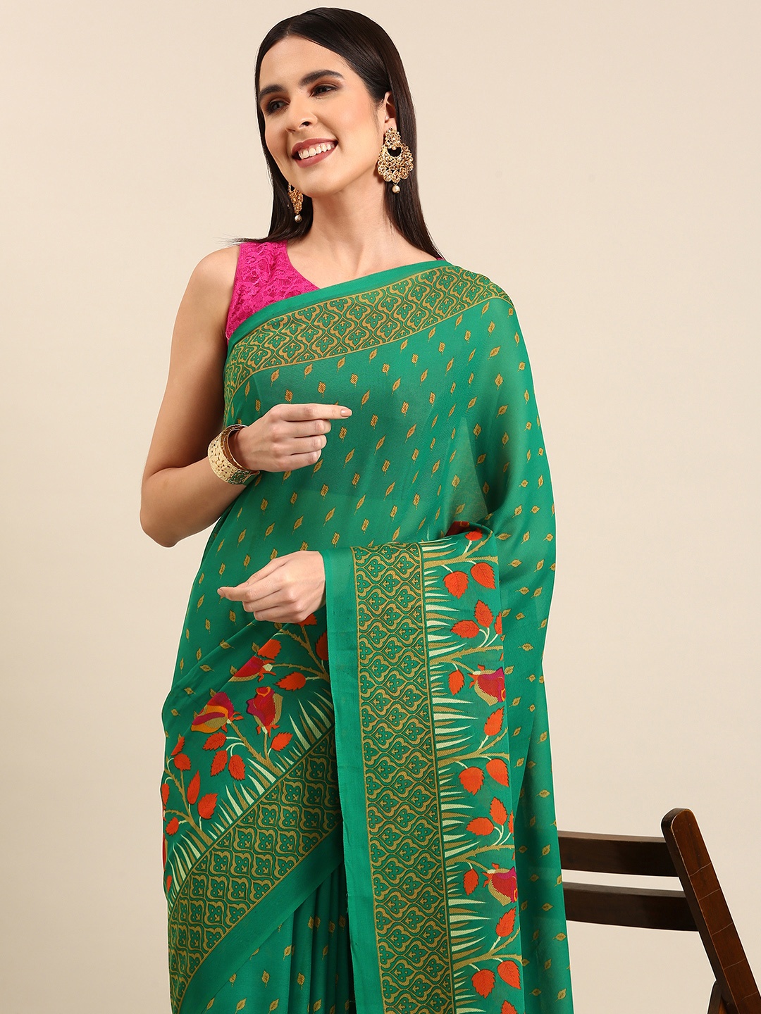 

HERE&NOW Floral Poly Georgette Saree, Teal