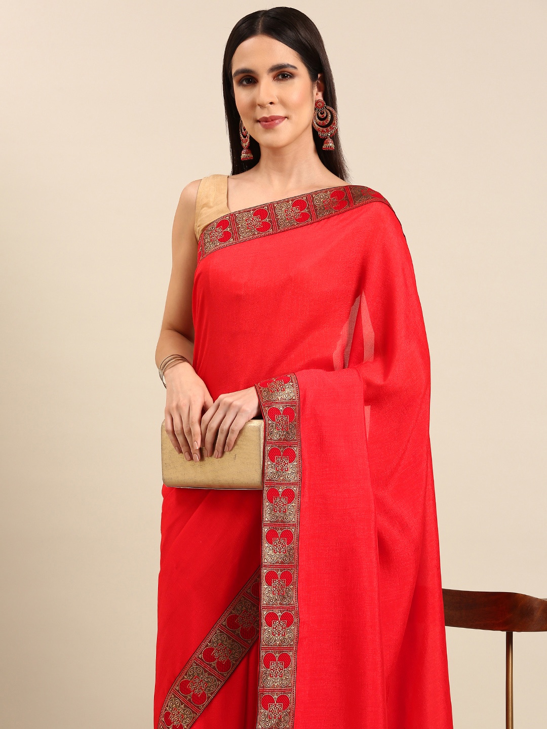 

HERE&NOW Zari Art Silk Saree, Red