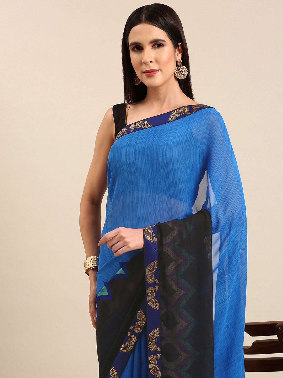 

HERE&NOW Colourblocked Zari Pure Georgette Saree, Blue