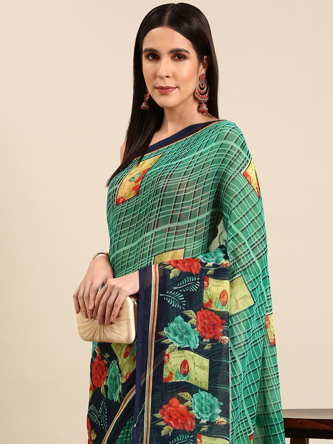 

HERE&NOW Floral Poly Georgette Saree, Sea green