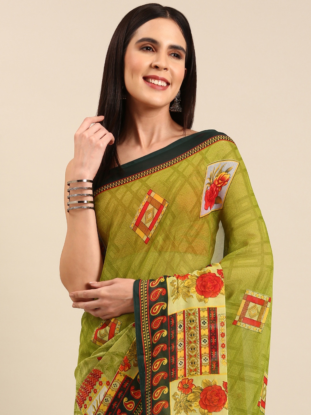 

HERE&NOW Floral Poly Georgette Saree, Olive