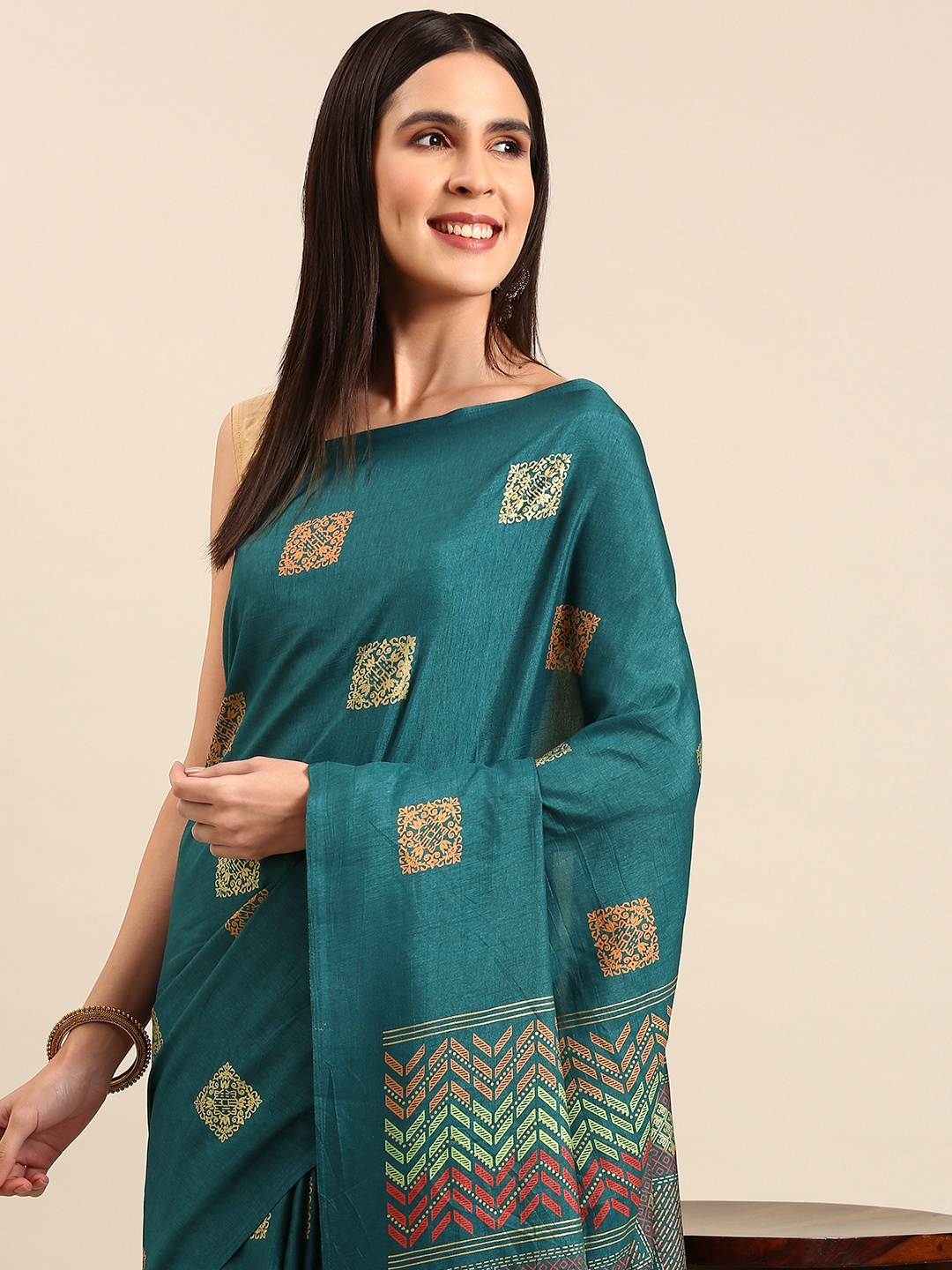 

HERE&NOW Ethnic Motifs Art Silk Saree, Teal