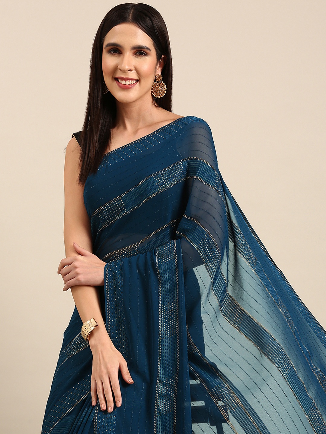 

HERE&NOW Embellished Beads and Stones Pure Georgette Saree, Navy blue