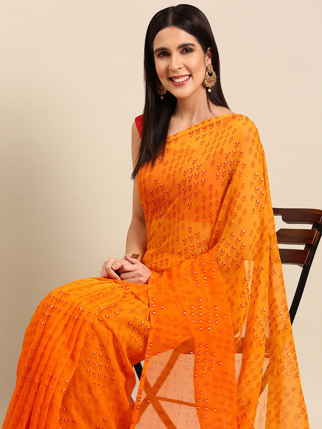 

HERE&NOW Ethnic Motifs Pure Georgette Saree, Orange