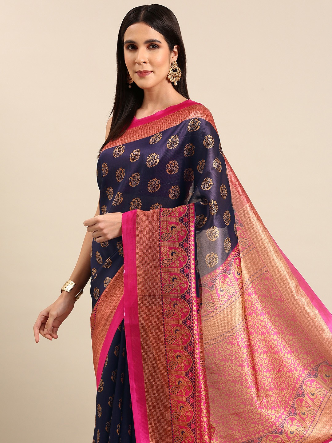

HERE&NOW Ethnic Motifs Art Silk Saree, Navy blue