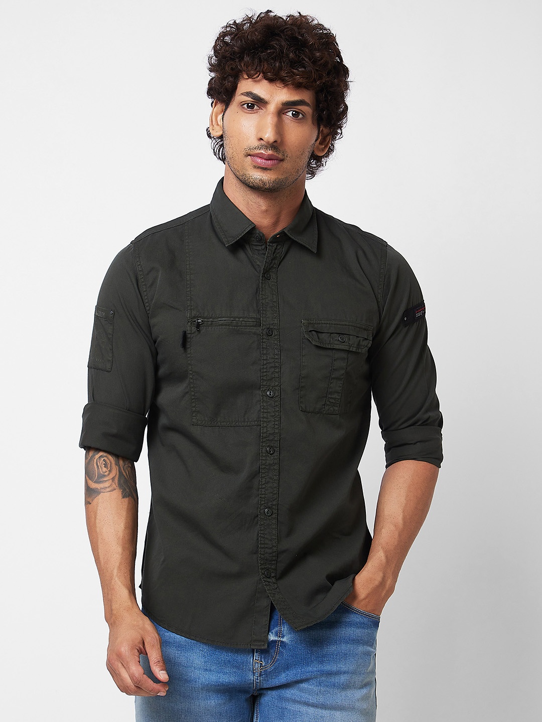 

SPYKAR Spread Collar Cotton Casual Shirt, Green