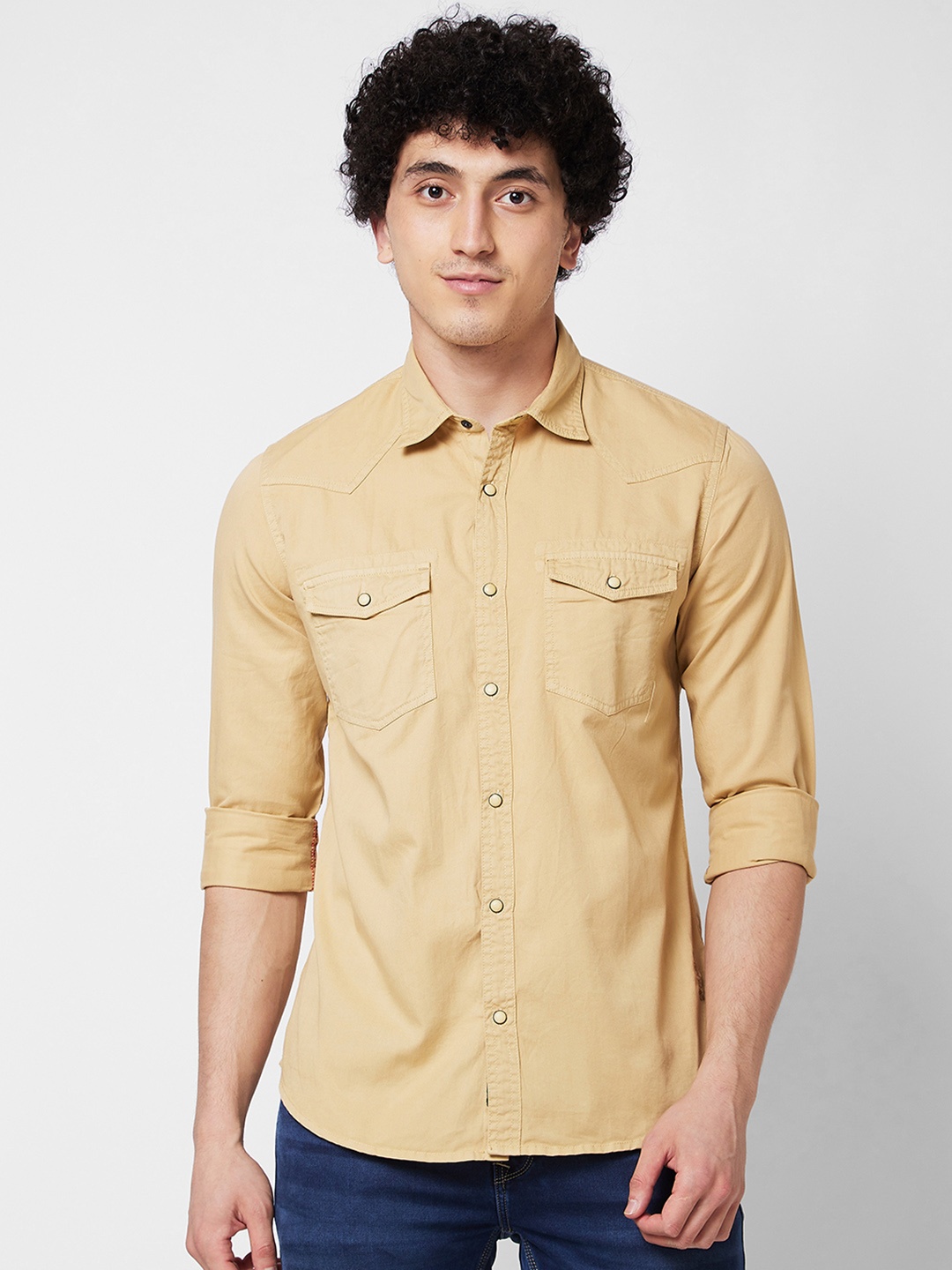 

SPYKAR Spread Collar Cotton Casual Shirt, Khaki