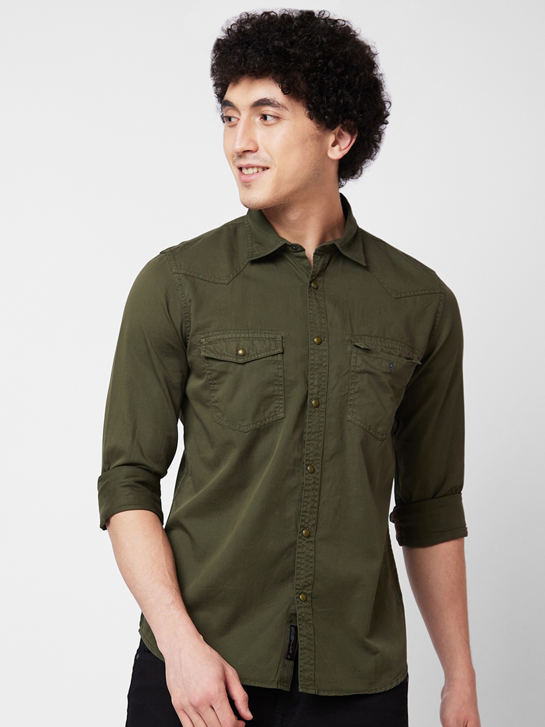 

SPYKAR Spread Collar Cotton Casual Shirt, Green