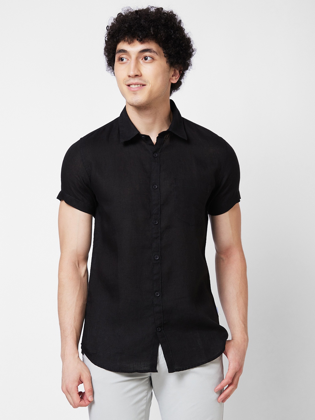 

SPYKAR Spread Collar Linen Casual Shirt, Black