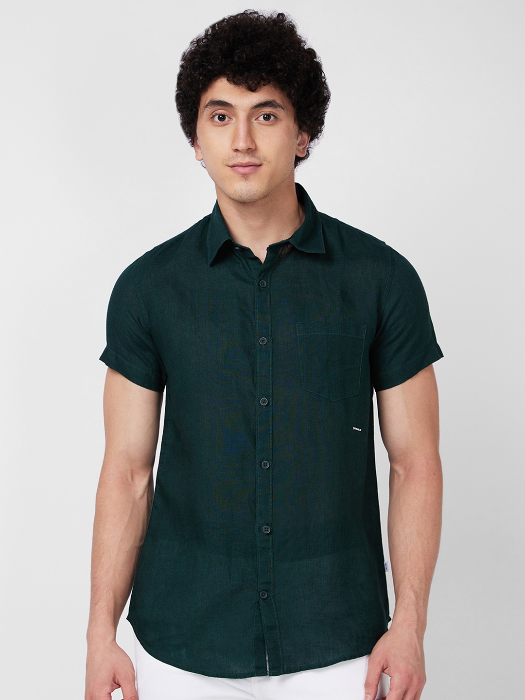 

SPYKAR Spread Collar Short Sleeves Linen Casual Shirt, Green