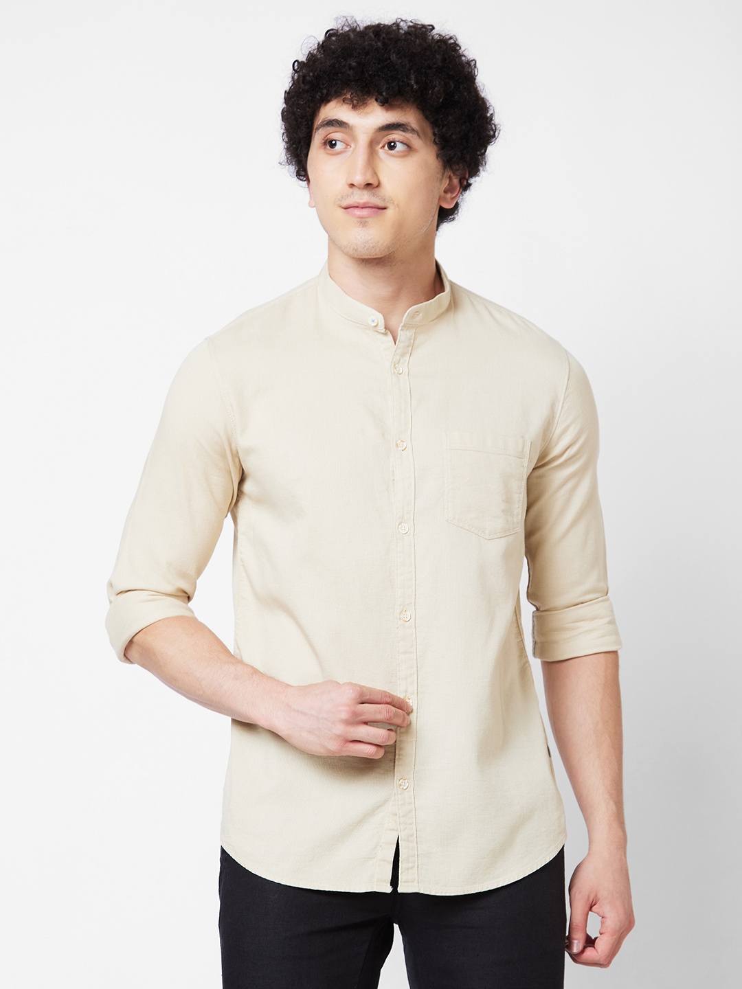 

SPYKAR Band Collar Long Sleeves Cotton Casual Shirt, Beige