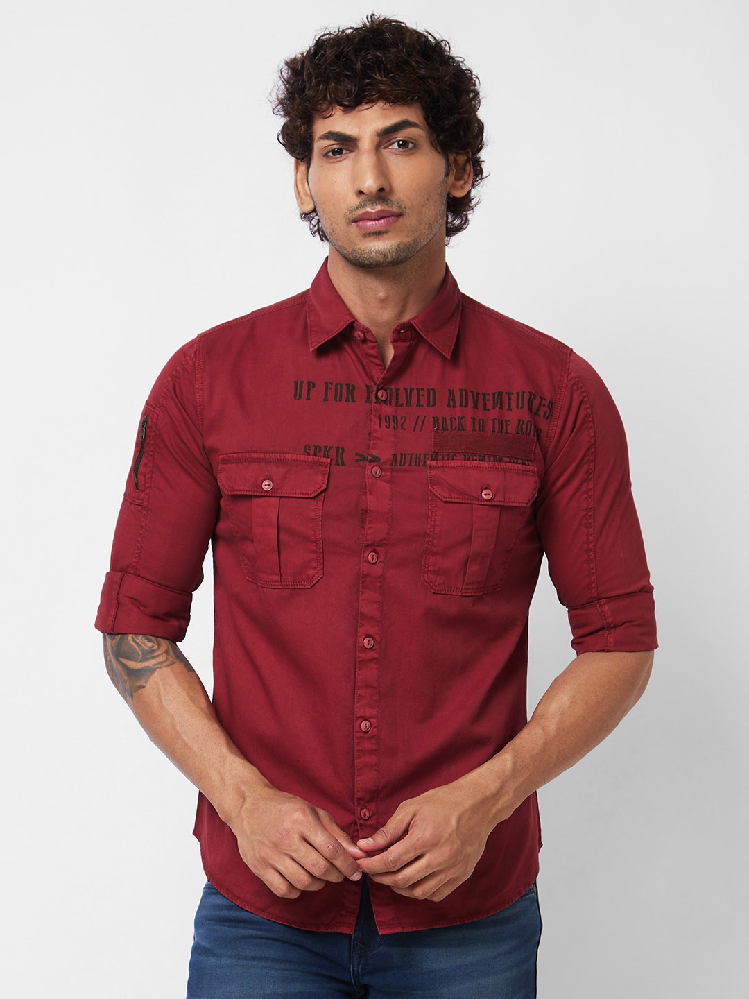 

SPYKAR Typography Printed Cotton Casual Shirt, Red