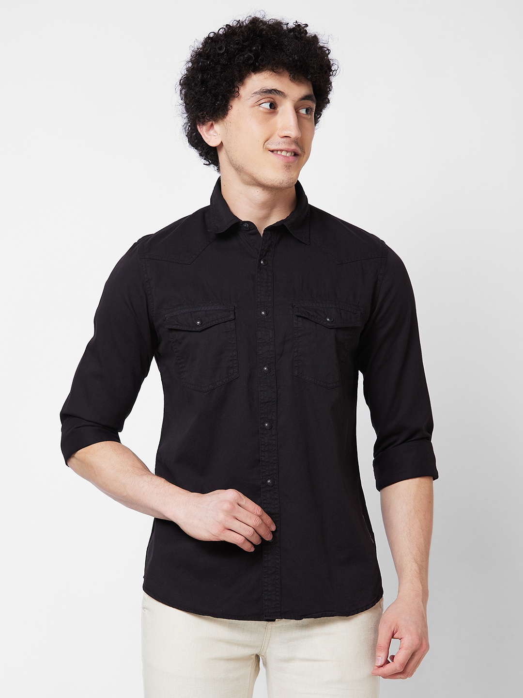 

SPYKAR Spread Collar Long Sleeves Cotton Casual Shirt, Black