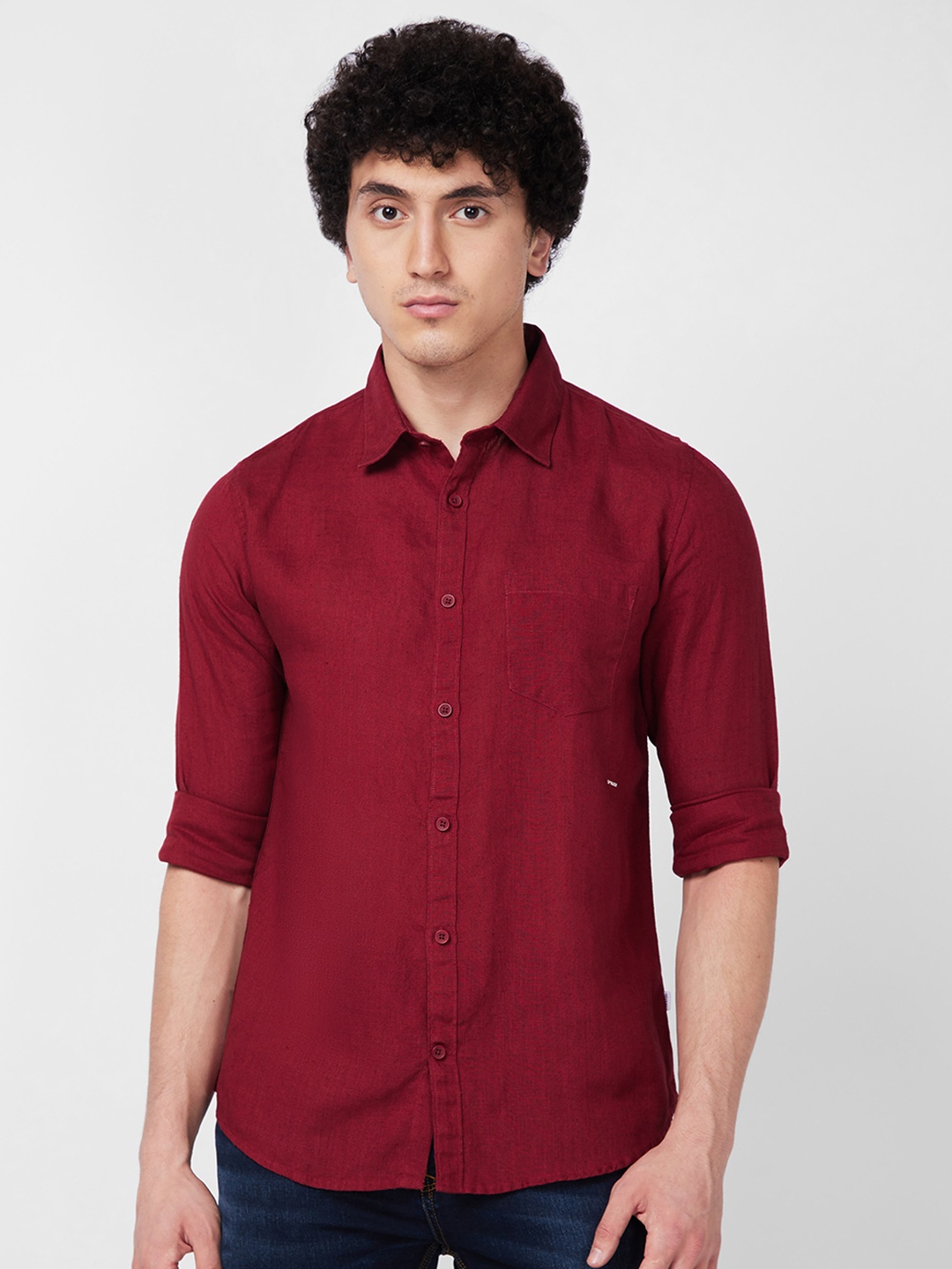 

SPYKAR Spread Collar Long Sleeves Linen Casual Shirt, Red