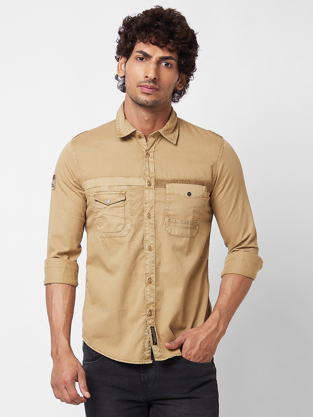 

SPYKAR Spread Collar Cotton Casual Shirt, Khaki