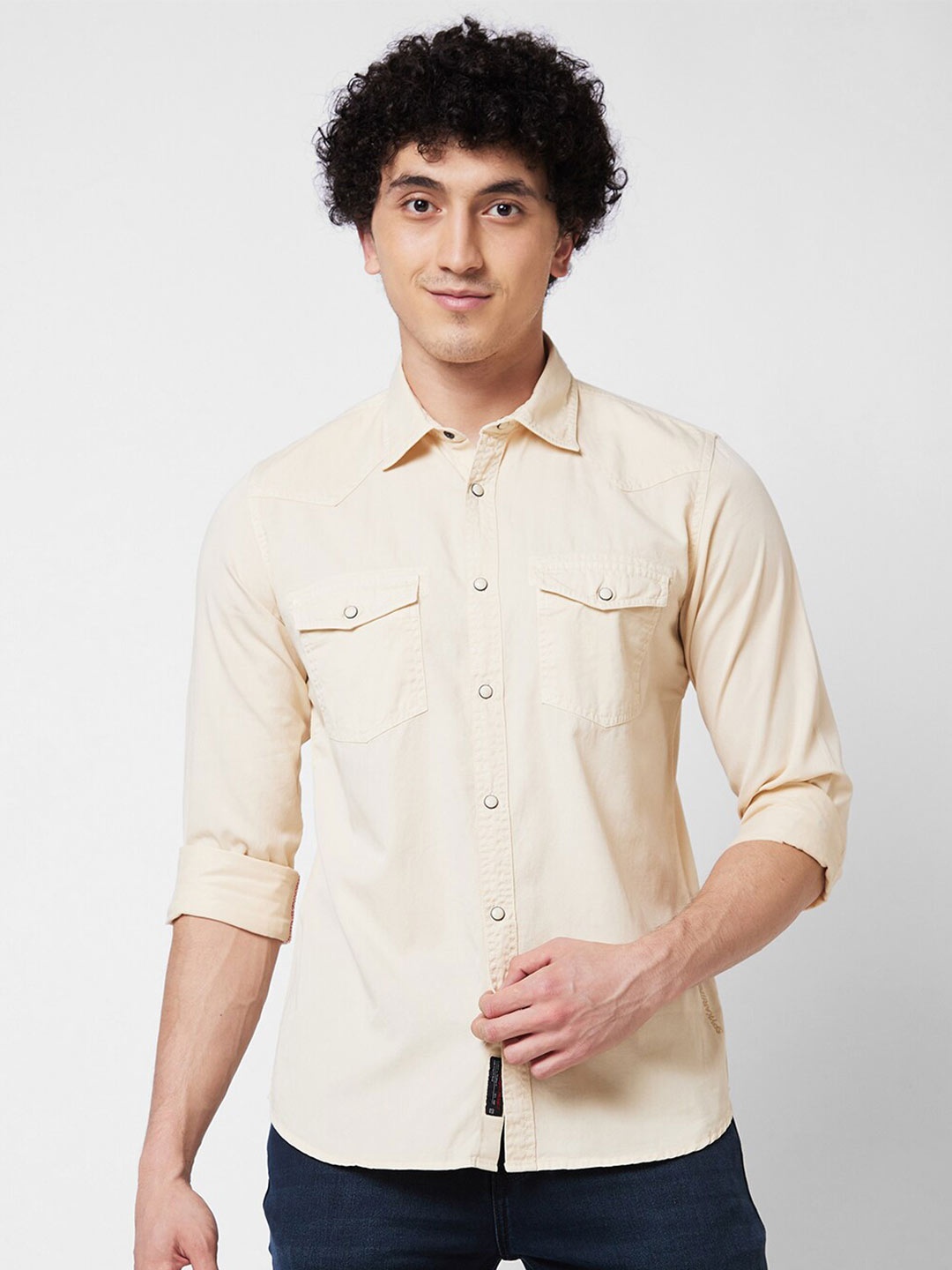 

SPYKAR Spread Collar Cotton Casual Shirt, Beige