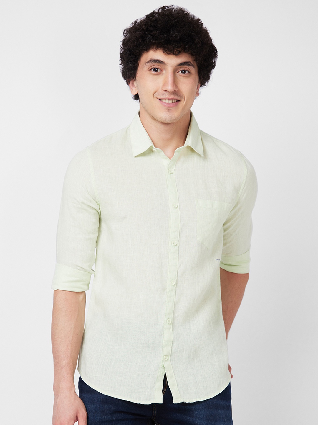 

SPYKAR Spread Collar Linen Casual Shirt, Green