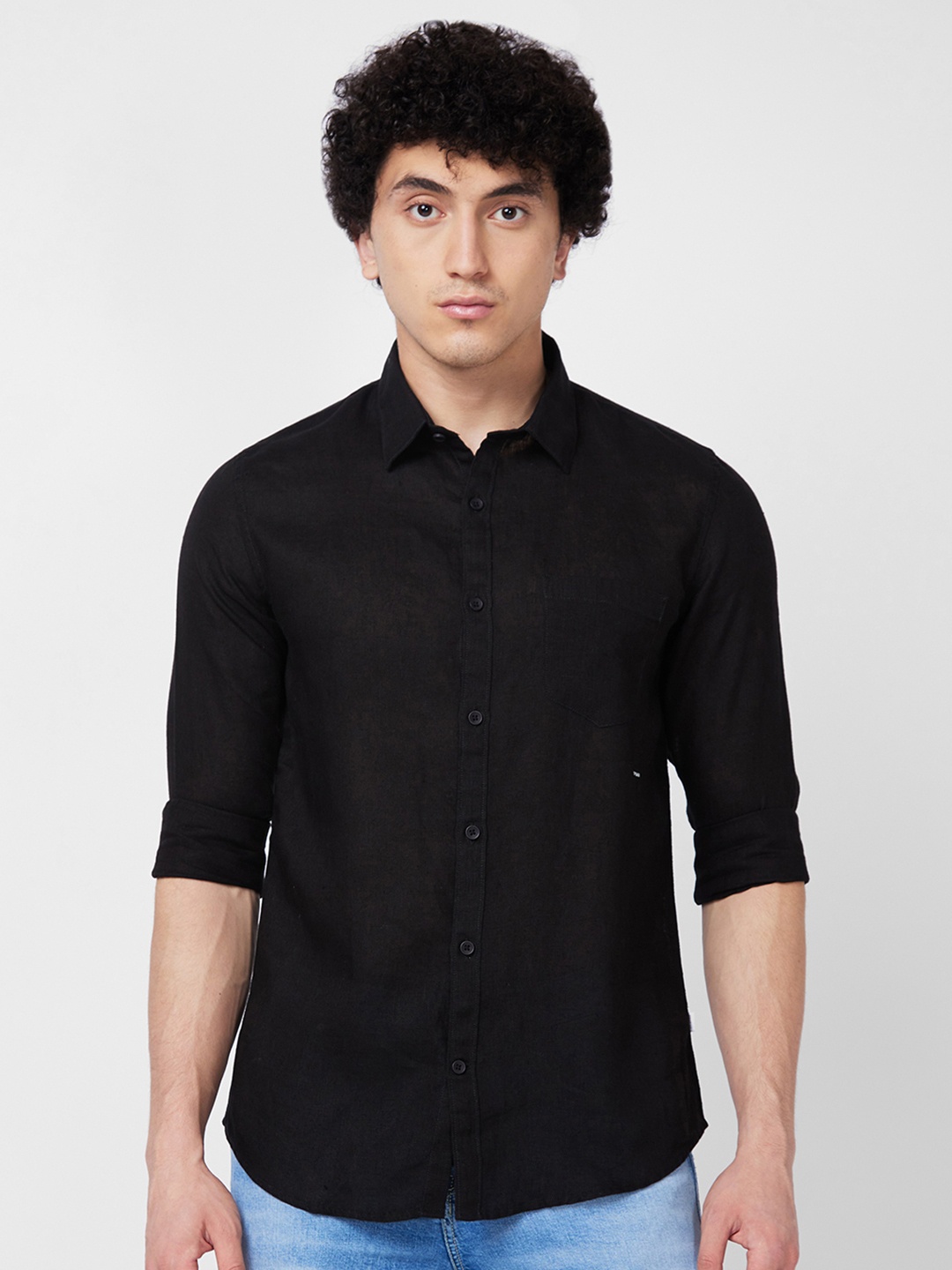 

SPYKAR Spread Collar Linen Casual Shirt, Black