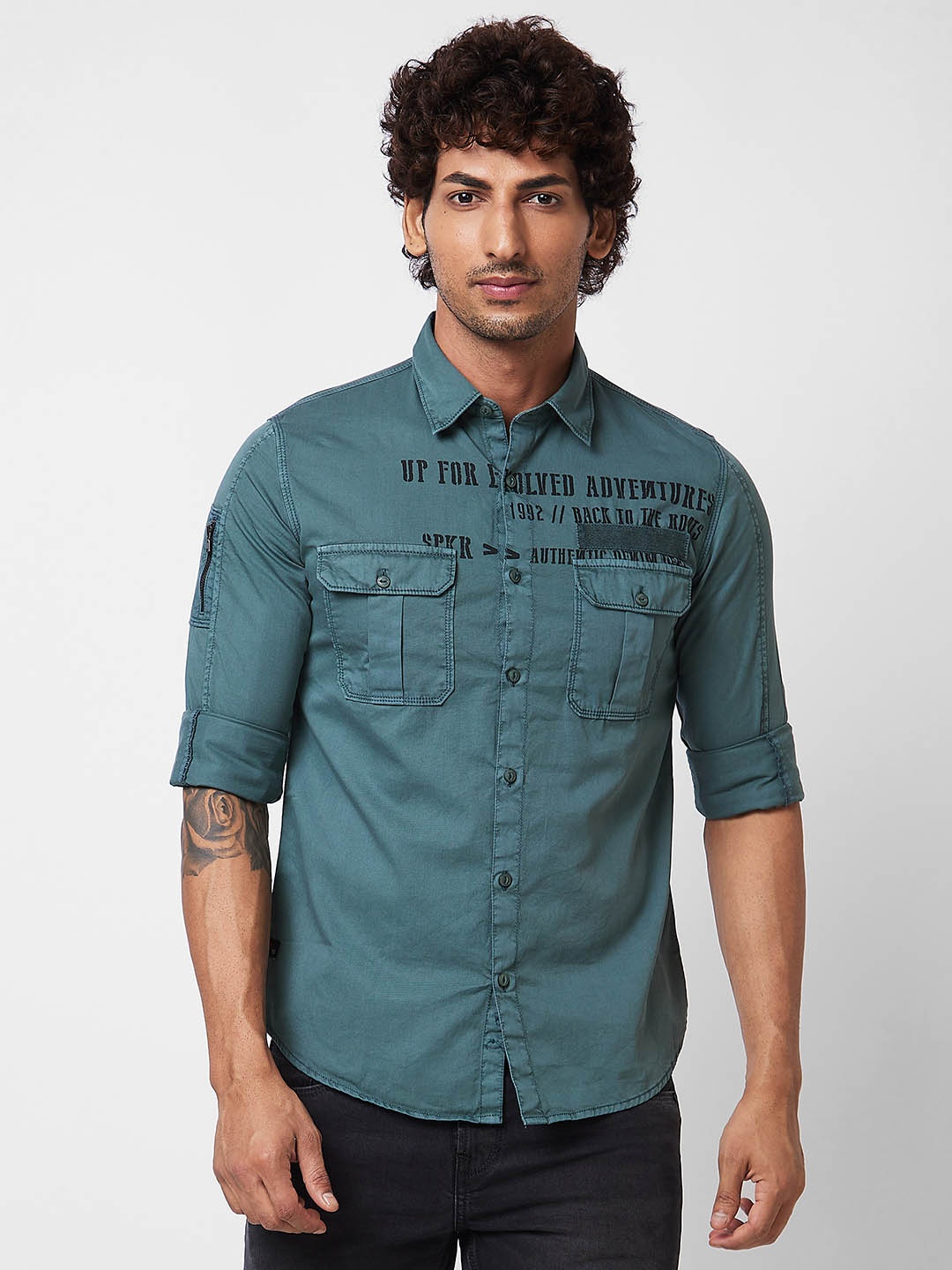 

SPYKAR Typography Printed Cotton Casual Shirt, Green