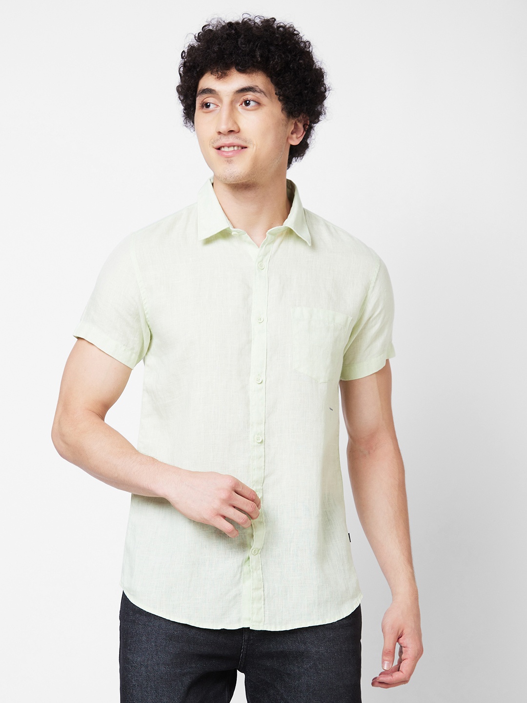 

SPYKAR Spread Collar Linen Casual Shirt, Green