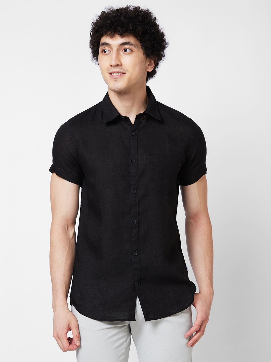 

SPYKAR Spread Collar Linen Casual Shirt, Black