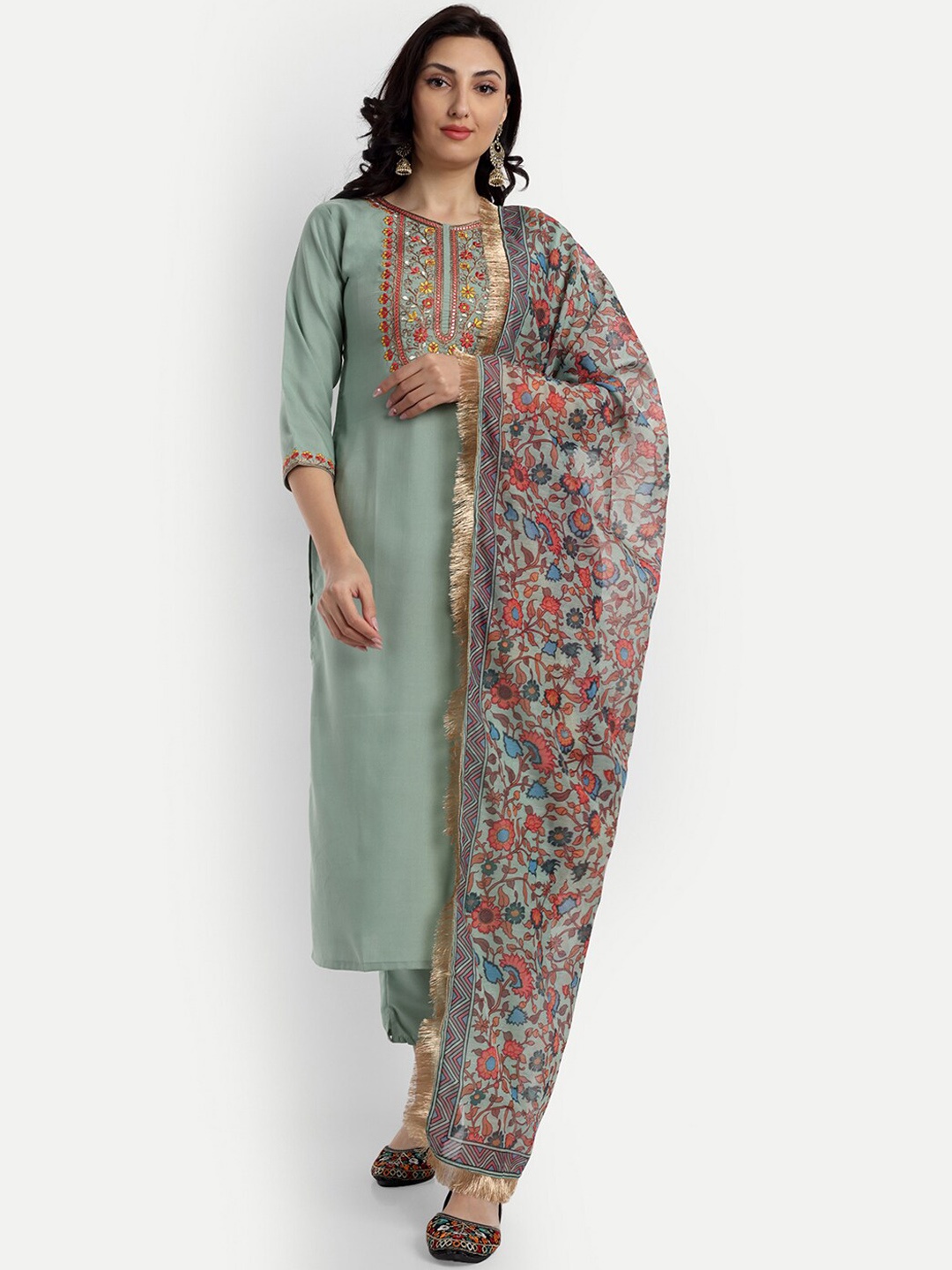 

KALINI Floral Yoke Design Thread Work Kurta with Trousers & Dupatta, Green