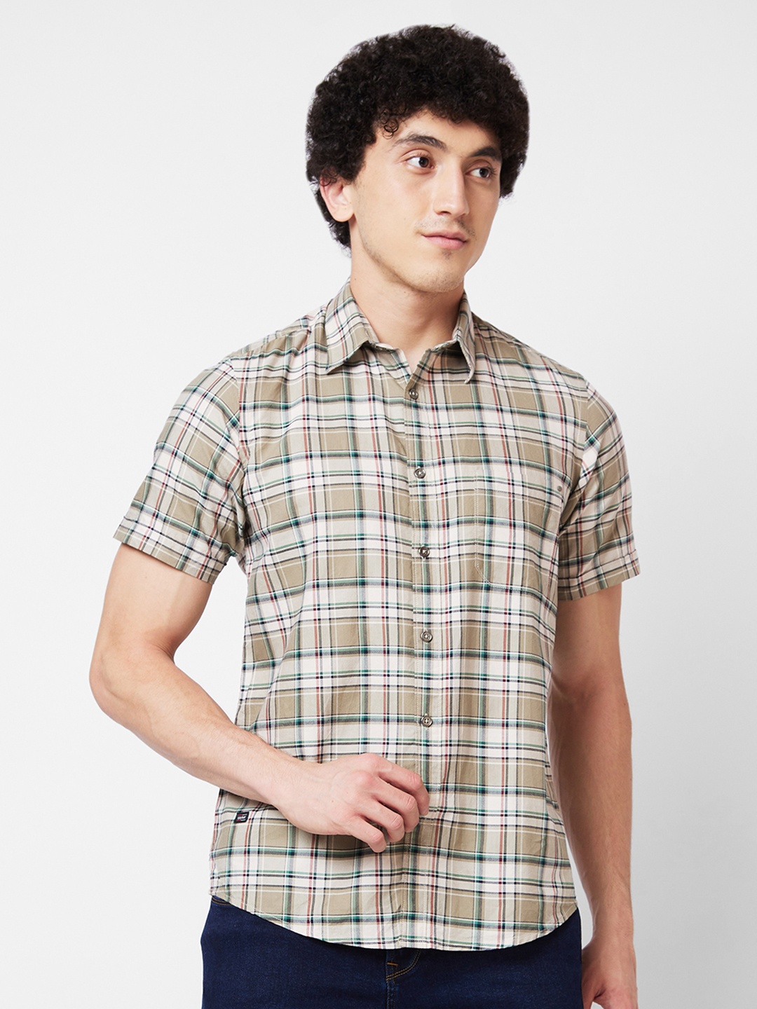 

SPYKAR Tartan Checked Cotton Casual Shirt, Beige