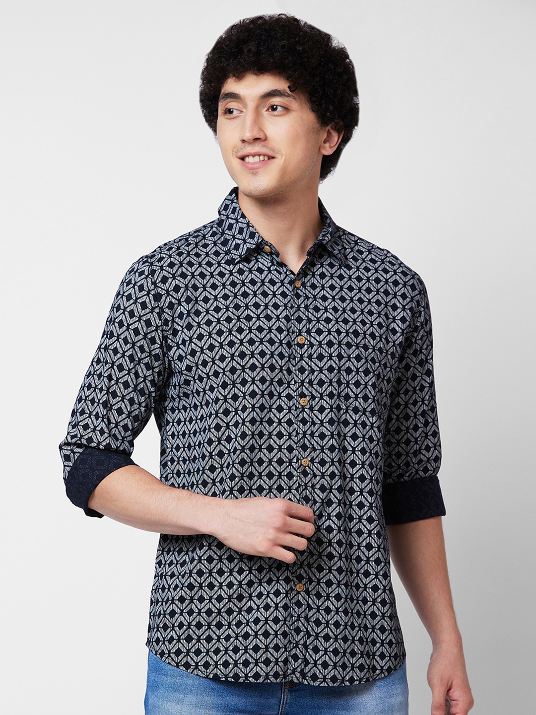 

SPYKAR Geometric Printed Cotton Casual Shirt, Black