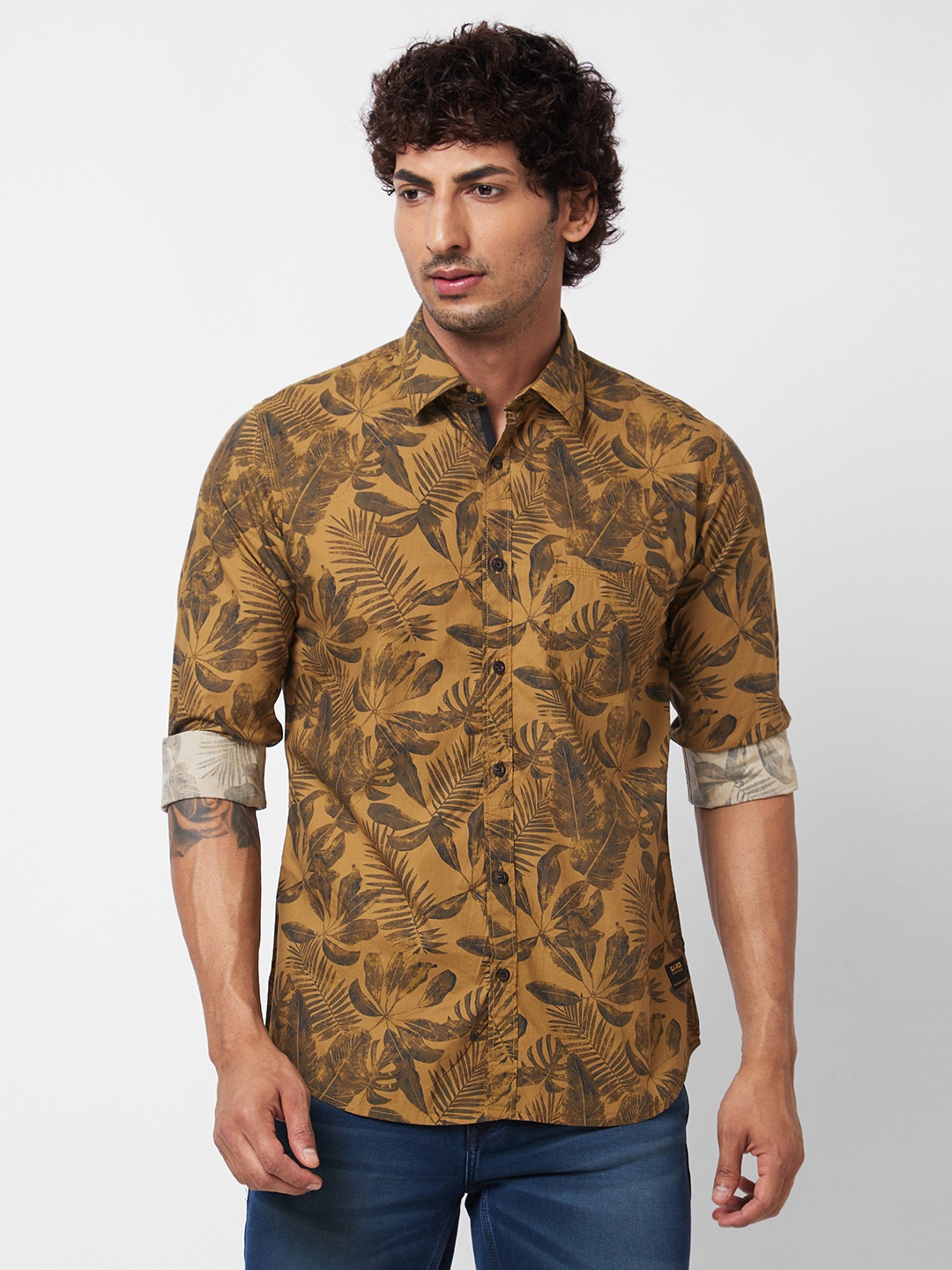 

SPYKAR Tropical Printed Cotton Casual Shirt, Khaki