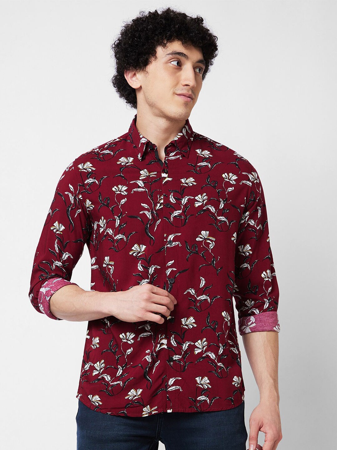 

SPYKAR Floral Printed Long Sleeves Cotton Casual Shirt, Red