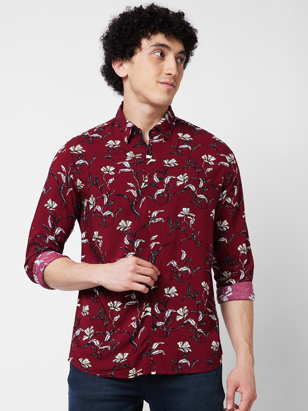 

SPYKAR Floral Opaque Printed Cotton Spread Collar Opaque Casual Shirt, Red
