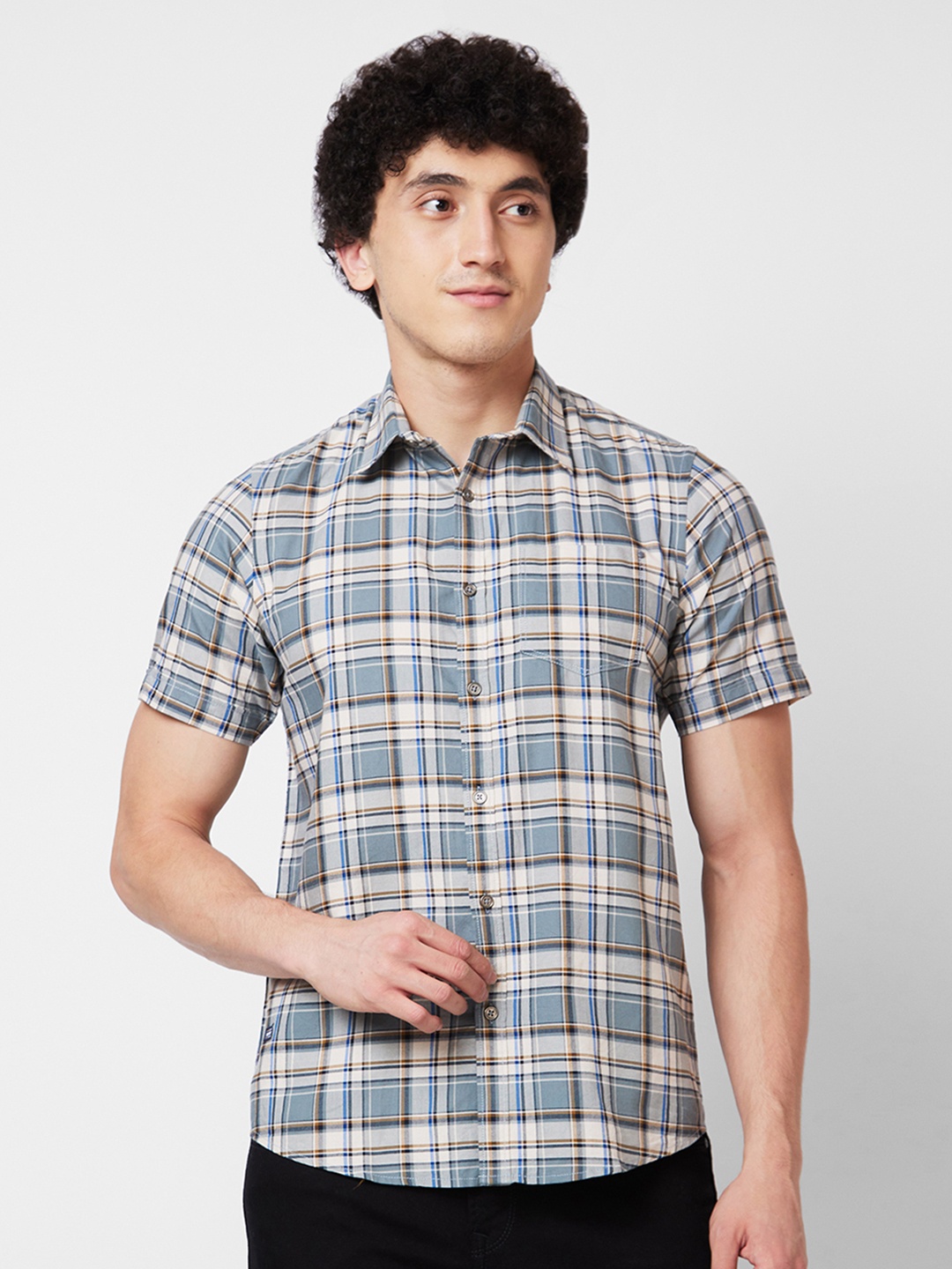 

SPYKAR Tartan Checked Cotton Shirt, Grey