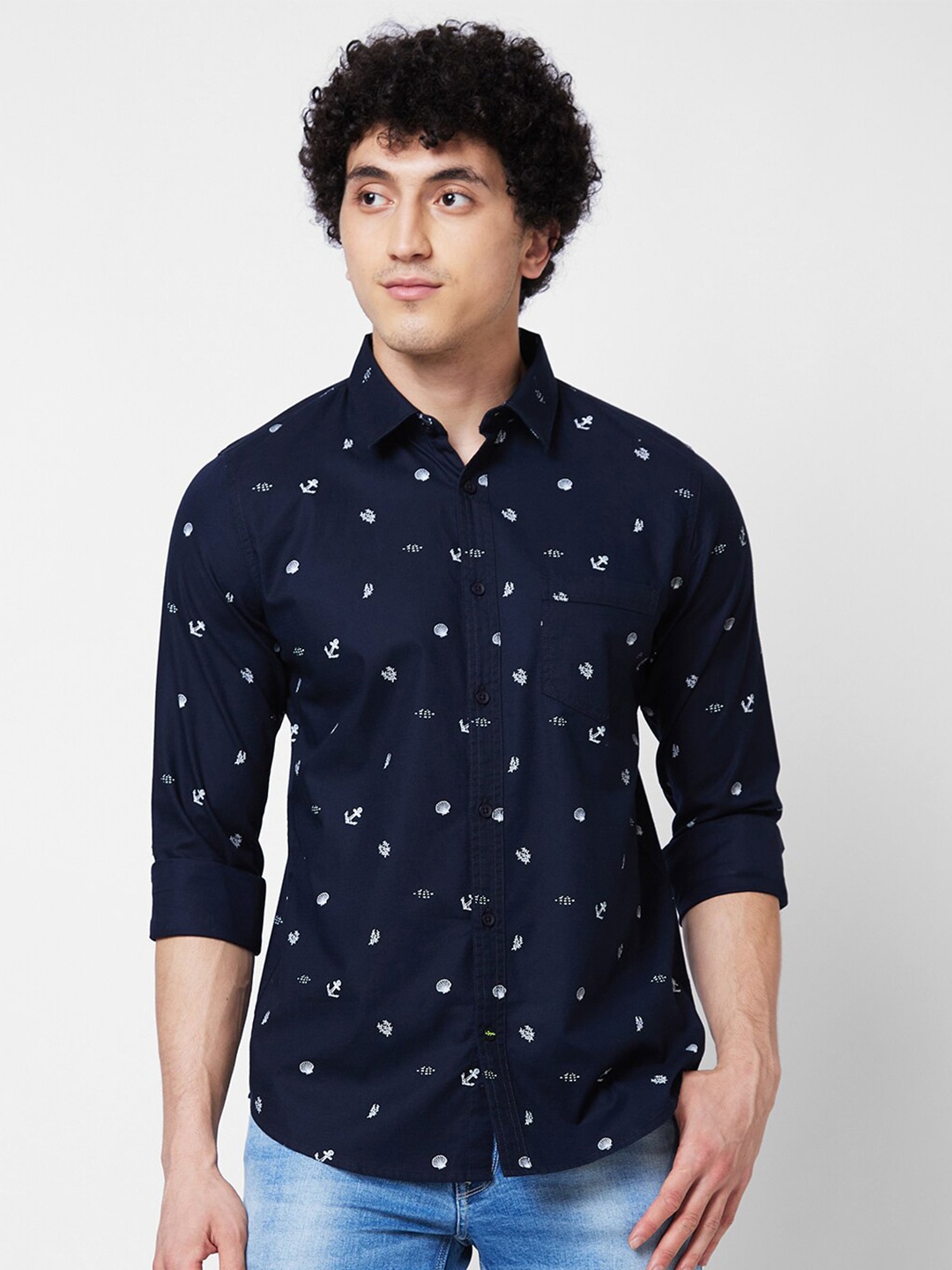 

SPYKAR Long Sleeves Regular Fit Cotton Opaque Printed Casual Shirt, Blue