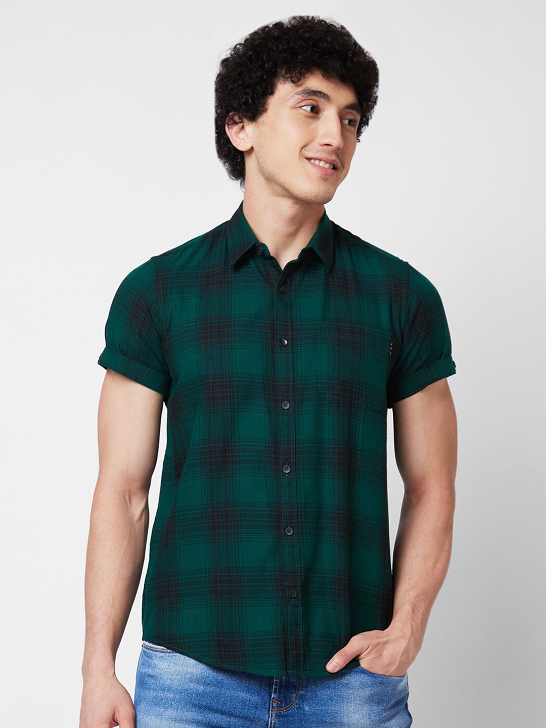 

SPYKAR Short Sleeves Regular Fit Cotton Tartan Checks Opaque Checked Casual Shirt, Green