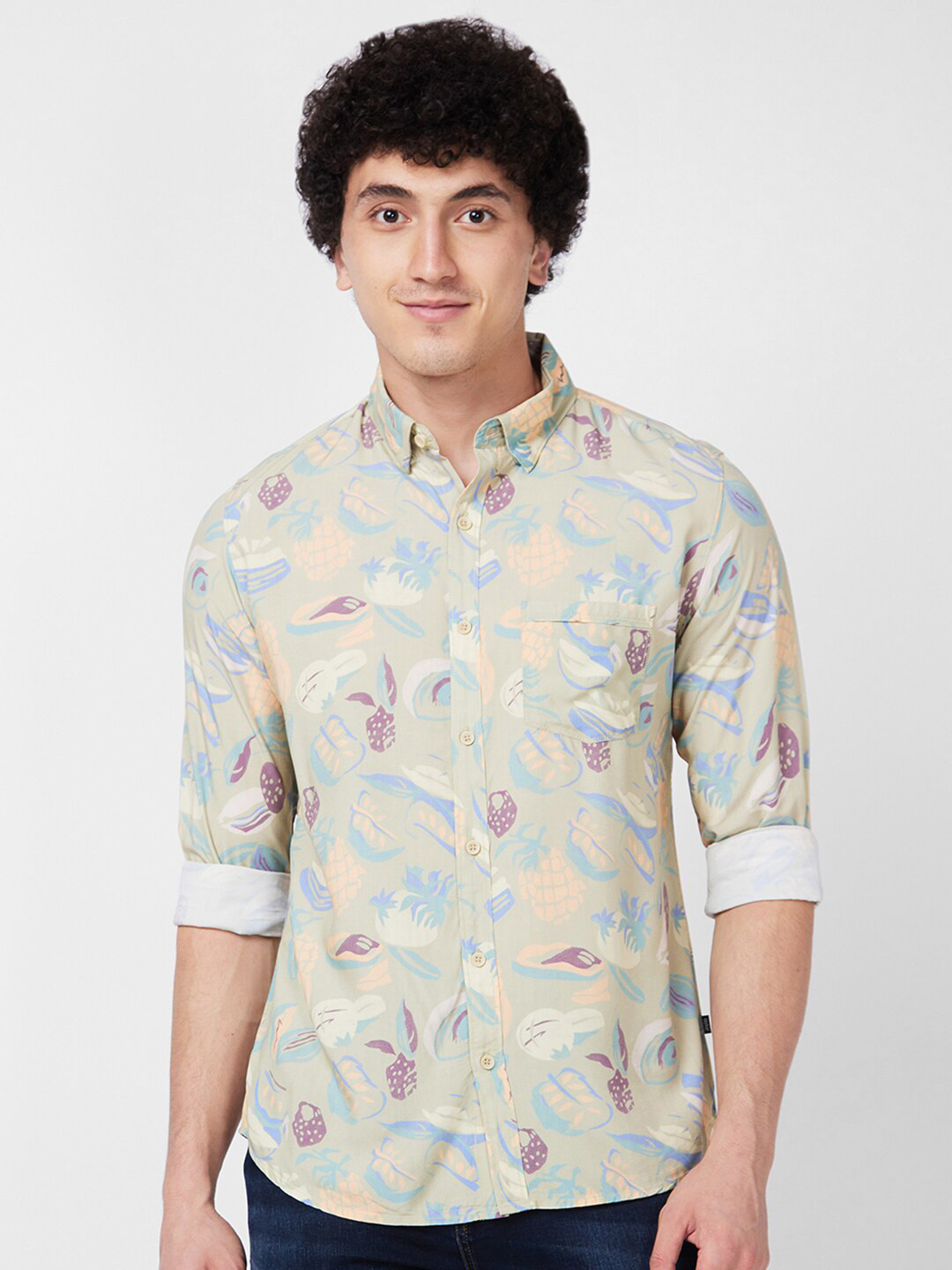 

SPYKAR Printed Spread Collar Cotton Casual Shirt, Green