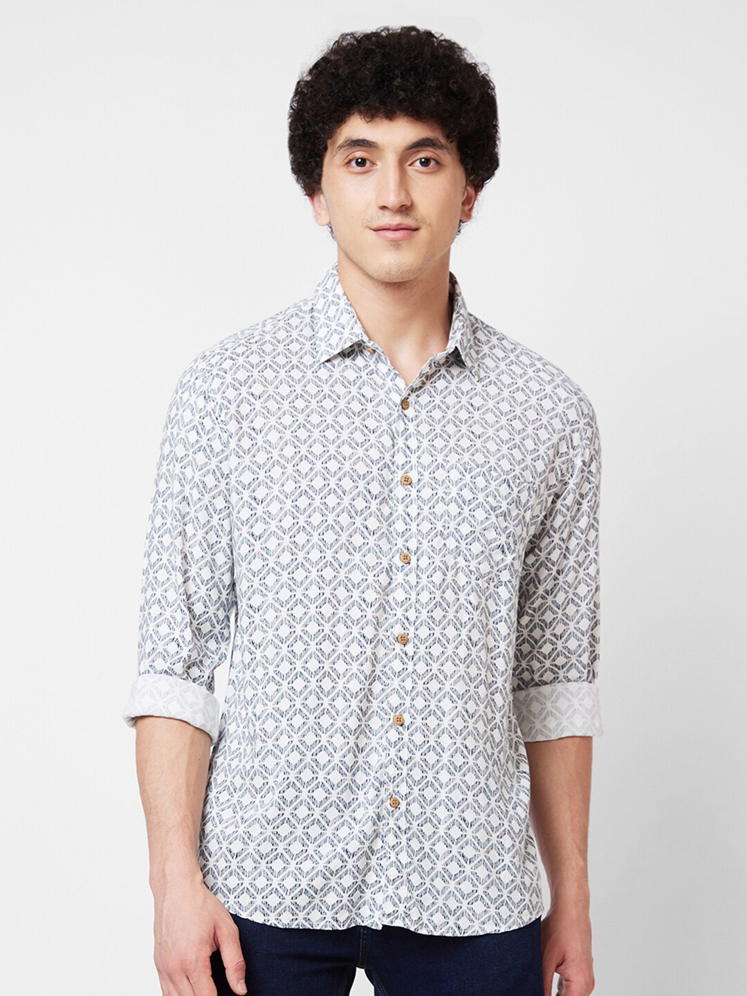 

SPYKAR Printed Spread Collar Cotton Casual Shirt, White