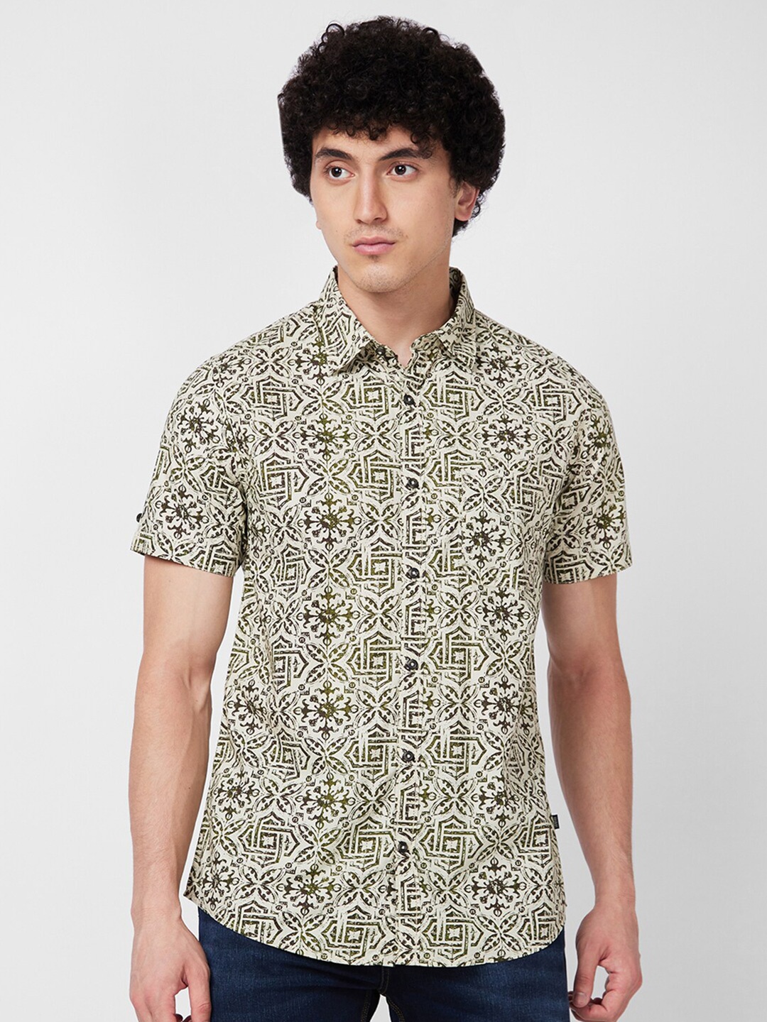 

SPYKAR Printed Spread Collar Cotton Casual Shirt, Green