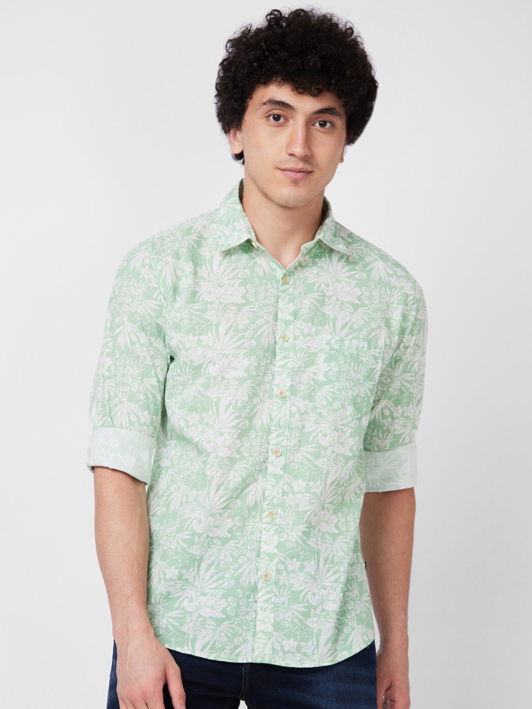 

SPYKAR Printed Spread Collar Cotton Casual Shirt, Green