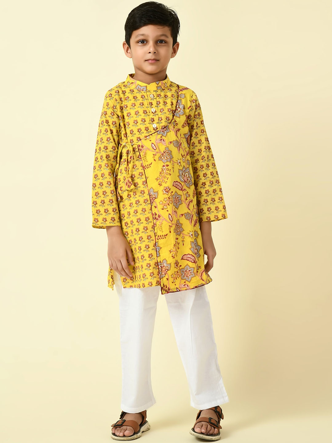 

BAESD Boys Floral Printed Mandarin Collar Long Sleeves Angrakha Pure Cotton Kurta Set, Yellow