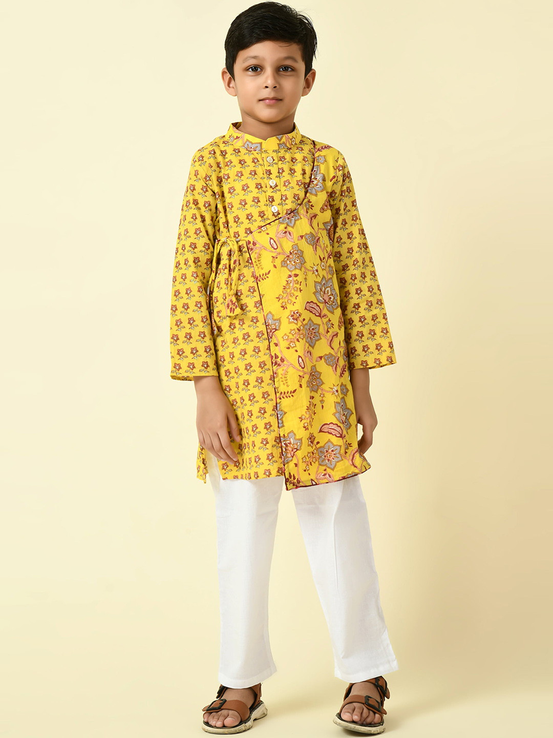 

BAESD Boys Floral Printed Pure Cotton Asymmetric Straight Kurta With Trouser, Yellow