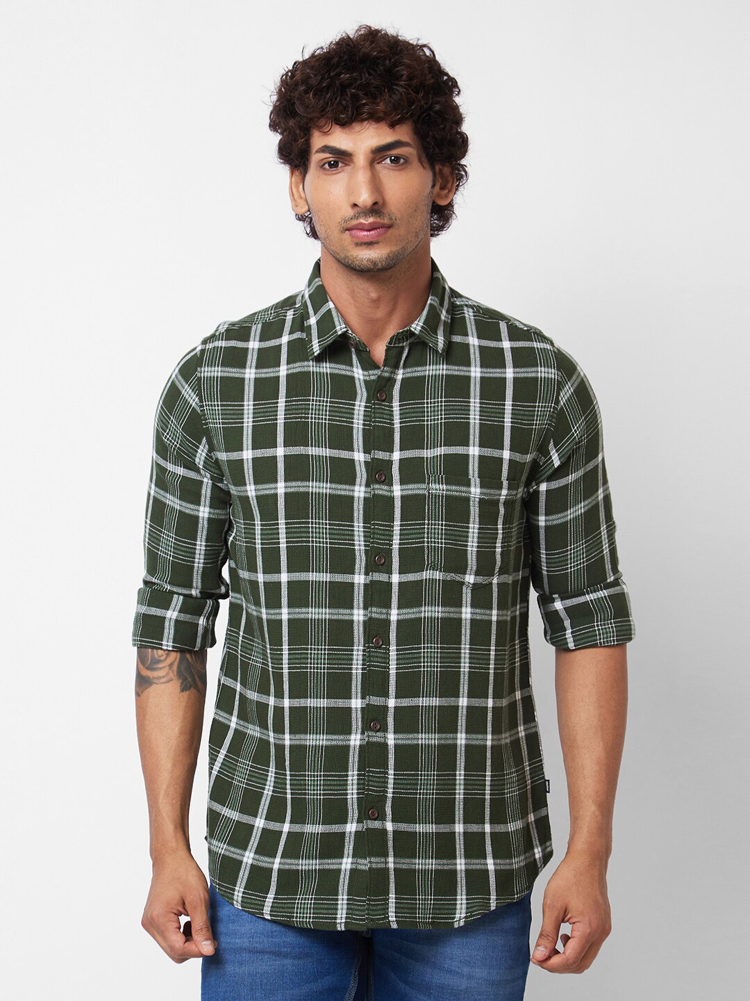 

SPYKAR Spread Collar Long Sleeves Tartan Checks Cotton Casual Shirt, Green