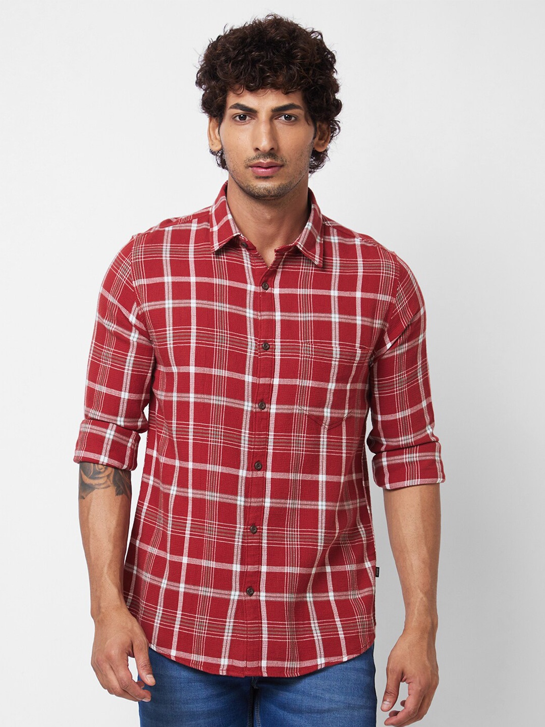 

SPYKAR Men Tartan Checked Opaque Cotton Casual Shirt, Red