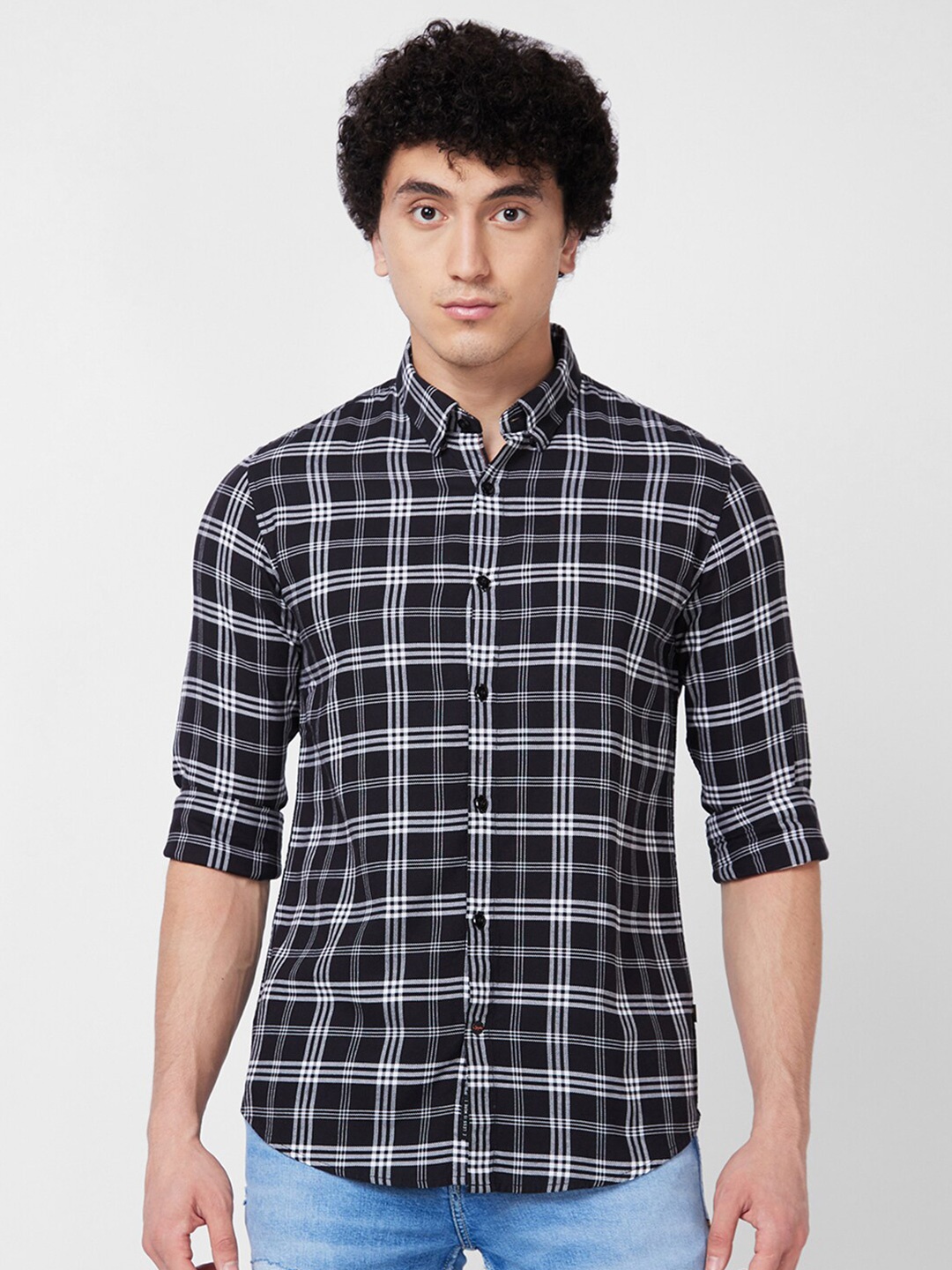 

SPYKAR Long Sleeves Regular Fit Cotton Tartan Checks Opaque Checked Casual Shirt, Black