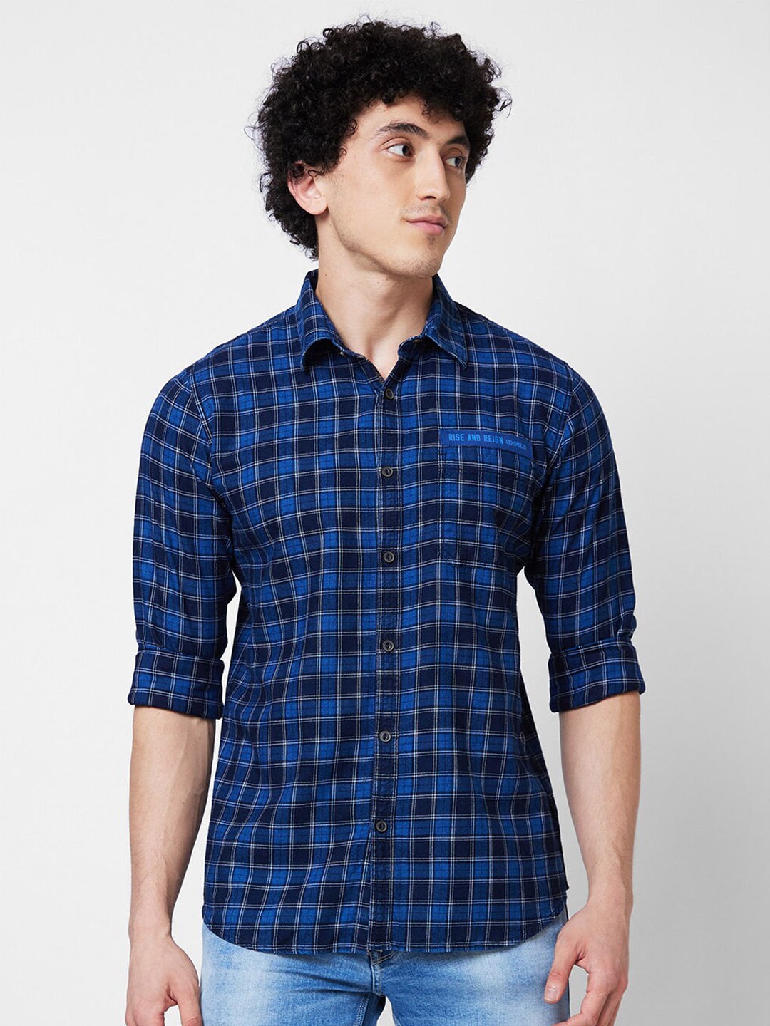 

SPYKAR Men Tartan Checked Opaque Cotton Casual Shirt, Blue