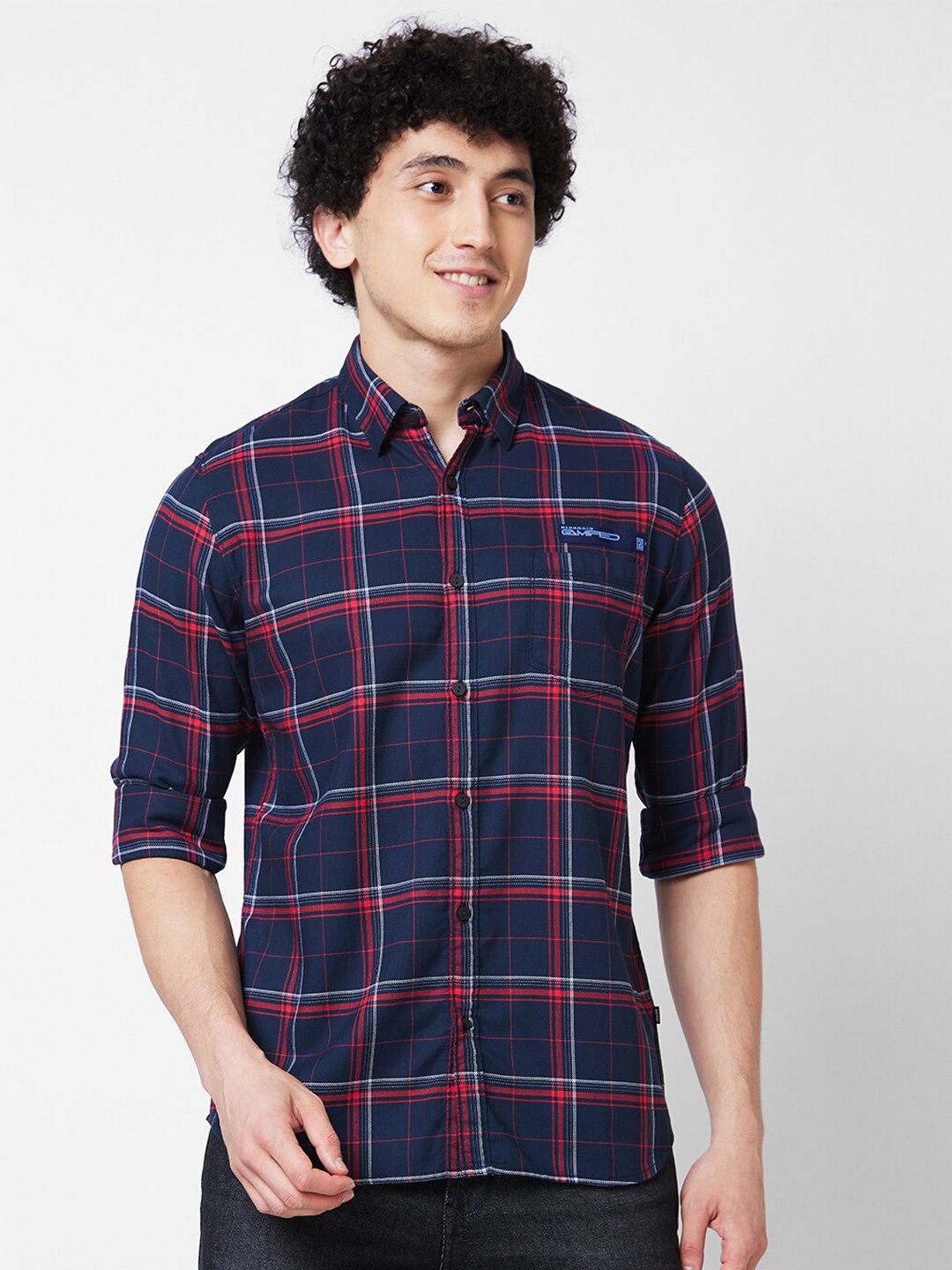 

SPYKAR Spread Collar Opaque Checked Cotton Casual Shirt, Blue