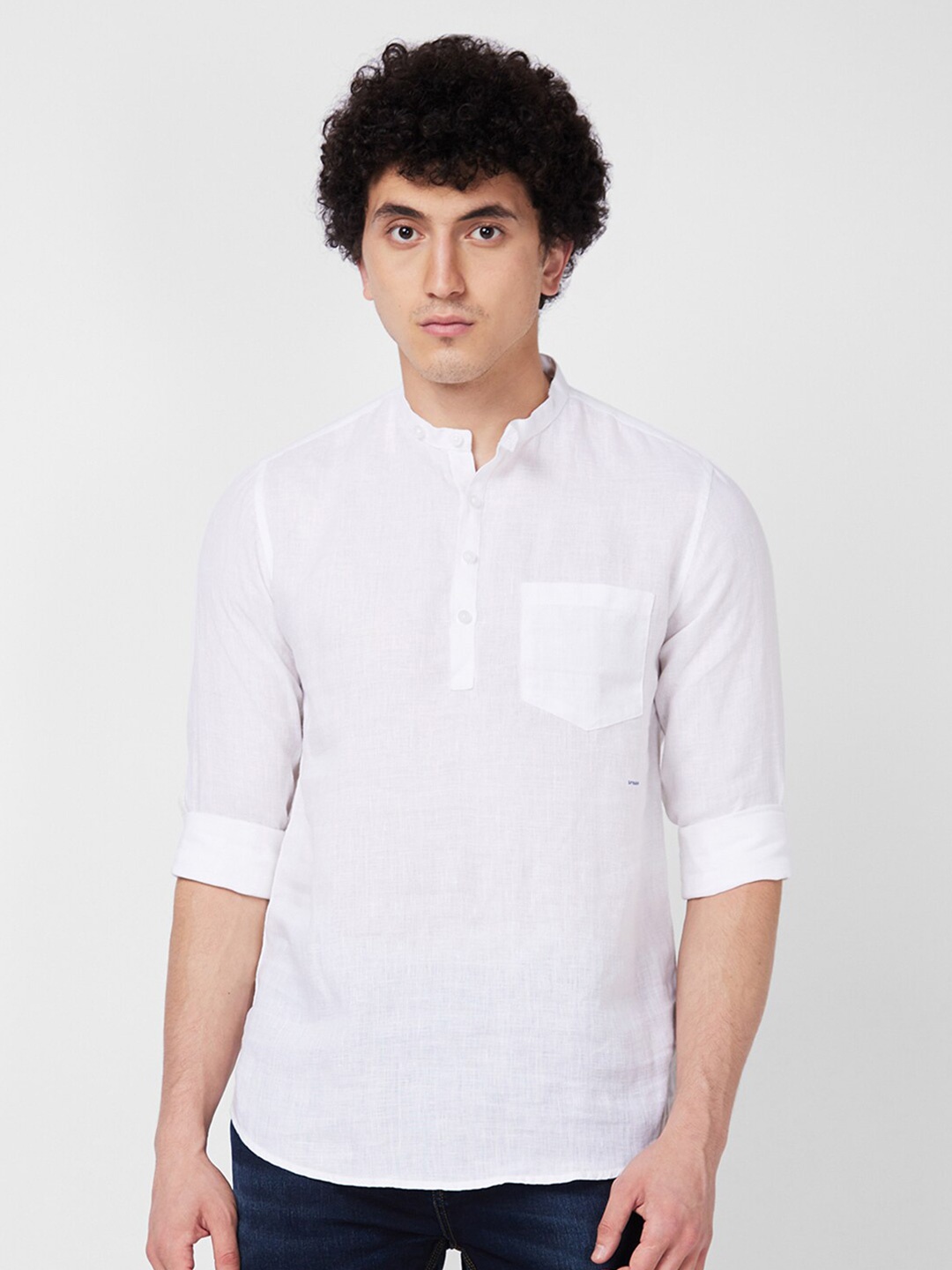 

SPYKAR Mandarin Collar Long Sleeves Casual Linen Shirt, White