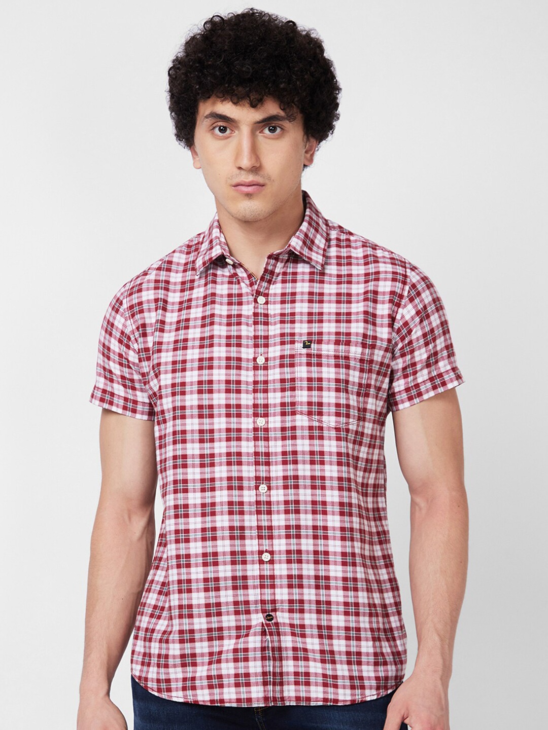 

SPYKAR Tartan Checked Spread Collar Cotton Casual Shirt, Red