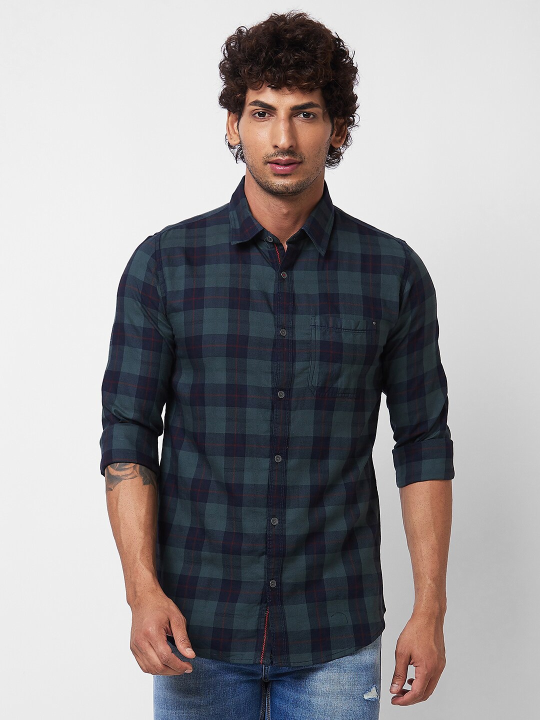 

SPYKAR Long Sleeves Regular Fit Cotton Buffalo Checks Opaque Checked Casual Shirt, Green