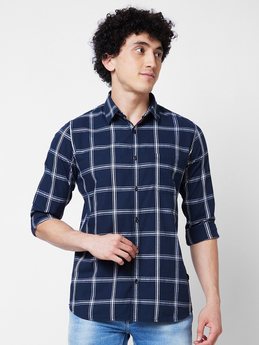 

SPYKAR Windowpane Checks Opaque Checked Casual Shirt, Blue