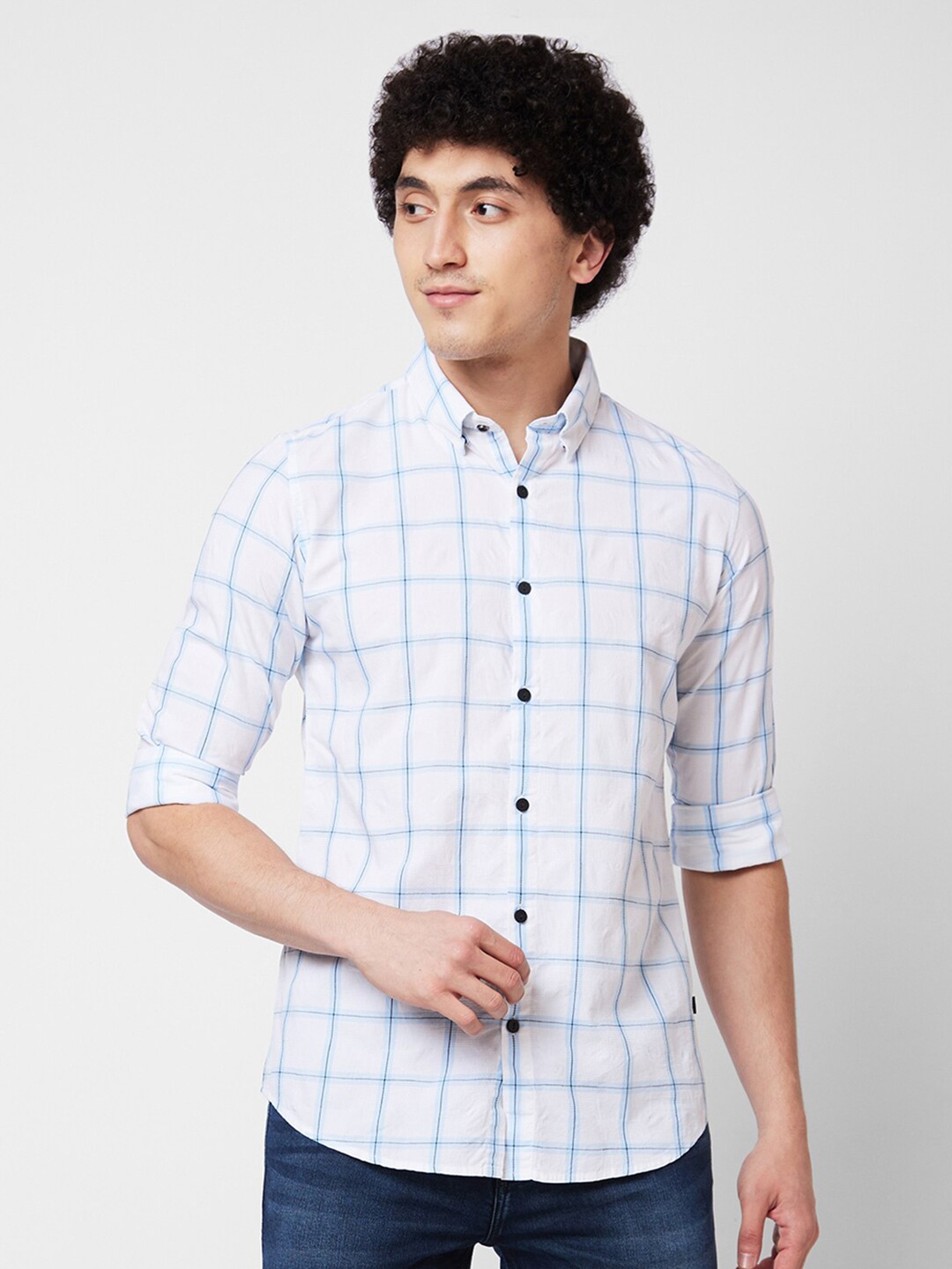 

SPYKAR Men Windowpane Checks Opaque Cotton Casual Shirt, Blue